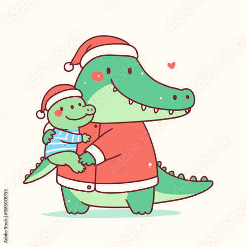 A cute cartoon crocodile wearing red Santa hat is hugging smaller who also Santa. Clipart Vector Illustration Line Art Illustration. Charming reptile with winter cap embraces wee friend.