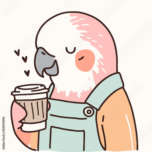 A cute cartoon parrot wearing overalls is drinking coffee from paper. Clipart Vector Illustration Line Art Illustration. Adorable animated macaw in dungarees enjoys java disposable cup.
