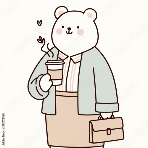 A cute cartoon polar bear wearing suit and holding coffee cup and. Clipart Vector Illustration Line Art Illustration. Happy in attire enjoys java drink design element.