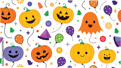 Seamless pattern of pumpkins balloons ghost and party hats on a white background halloween theme design