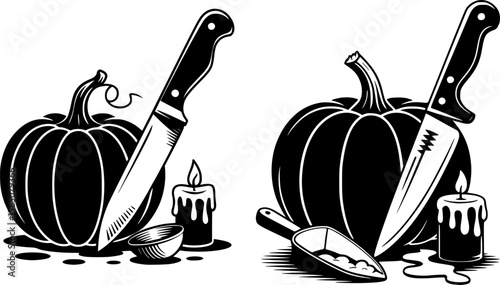 Bold black silhouette of Halloween pumpkin with carving knife, scoop, and candle, ideal for spooky decor, Halloween crafts, party invitations, and seasonal designs