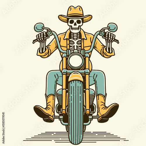 A skeleton cowboy riding a. Cute Cartoon Clipart Vector Illustration Line Art Illustration. Boney rancher astride pony dead-man gunslinger upon horse.