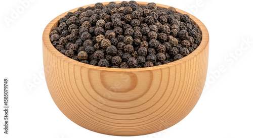 Isolated Black Peppercorns in Wooden Bowl