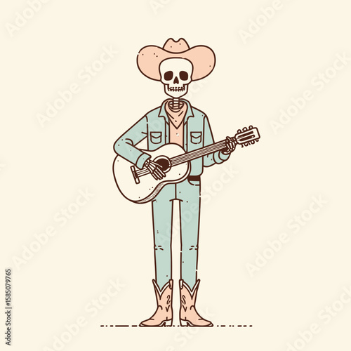 A skeleton wearing cowboy hat and boots playing the. Cute Cartoon Clipart Vector Illustration Line Art Illustration. bony figure in western headwear footwear doing music instrument.