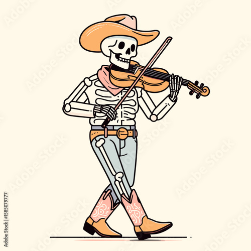 A skeleton wearing cowboy hat and boots playing the. Cute Cartoon Clipart Vector Illustration Line Art Illustration. Bony figure in western headwear plus footwear doing instrumental activity.