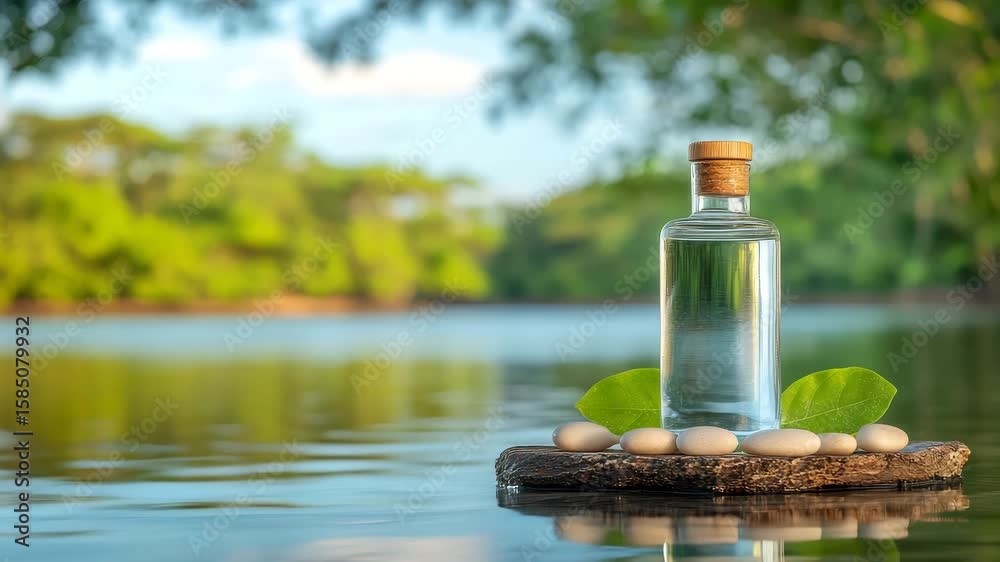 A clear bottle with a cork stopper and green leaves sits on a dark stone with white pebbles, floating on calm water with a blurred green landscape in the background, symbolizing purity and nature.