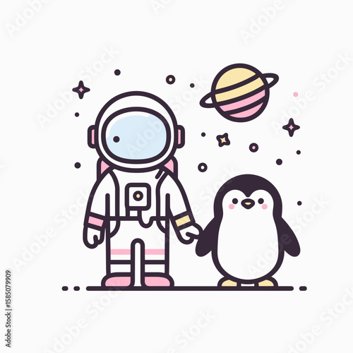 An astronaut and a penguin are holding hands in. Cute Cartoon Clipart Vector Illustration Line Art Illustration. spaceman flightless bird grip palm in cosmic area.