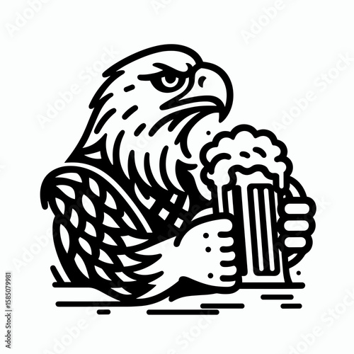 An eagle holding a beer in its. Cute Cartoon Clipart Vector Illustration Line Art Illustration. powerful bird clutching ale bottle within its mighty claw.