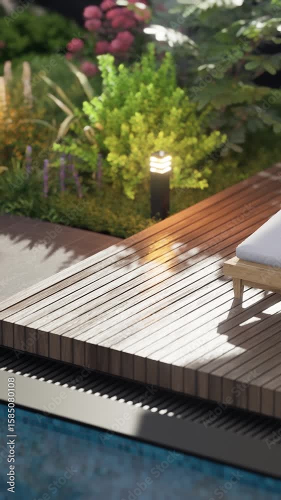 Exterior design details, close-up shot, two sun loungers by the pool. Exterior design details, close-up shot, two sun loungers by the pool.
