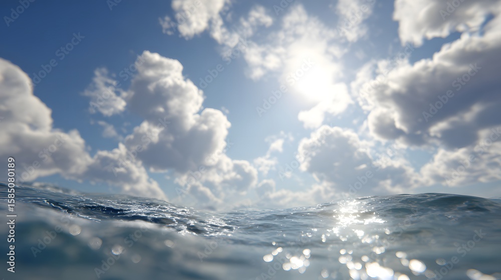 Fototapeta premium View of ocean water surface with sun shining through clouds in a bright blue sky landscape scene