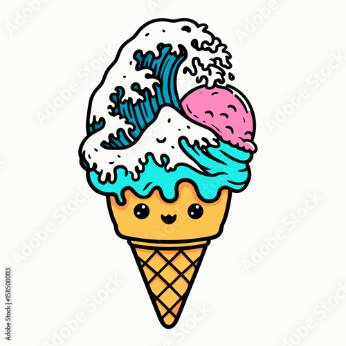An illustration of a tsunami ice. Cute Cartoon Clipart Vector Line Art Illustration. Picture seismic sea surge phenomenon water turned frozen winter scene.