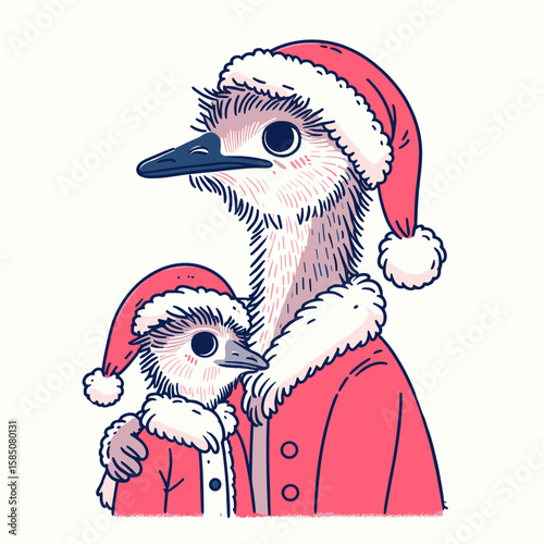 An ostrich family wearing Santa. Cute Cartoon Clipart Vector Illustration Line Art Illustration. Large bird kin dressed in holiday costume christmas avian with father attire.