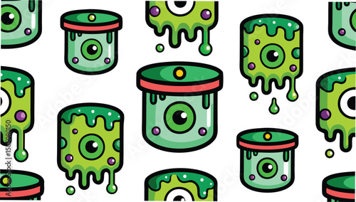 Seamless pattern featuring cartoonish green monsters with one eye and dripping slime details repeated