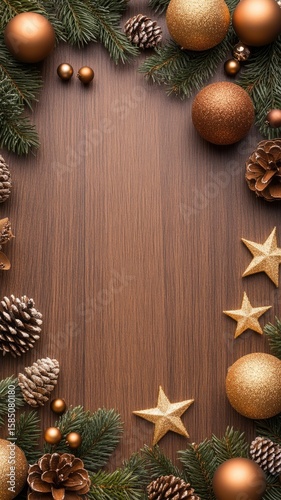 Elegant holiday decorations on wooden background.
