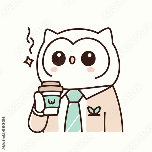 An owl wearing a tie and drinking. Cute Cartoon Clipart Vector Illustration Line Art Illustration. Avian creature in formal neckwear having beverage feathered bird enjoying refreshment.
