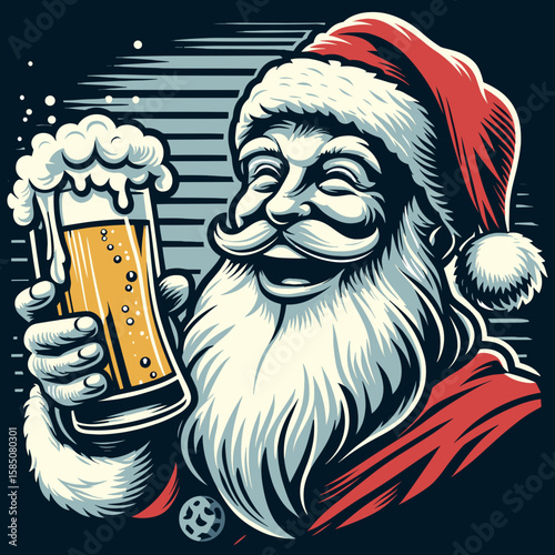 Santa Claus is holding a beer and. Cute Cartoon Clipart Vector Illustration Line Art Illustration. Father christmas clutching brew jolly celebration and seasonal cheer.