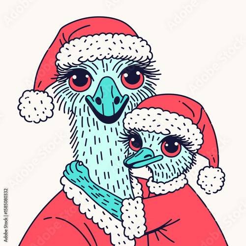 Ostrich family in Santa. Cute Cartoon Clipart Vector Illustration Line Art Illustration. Large bird relative with youngster during christmas holiday season event.