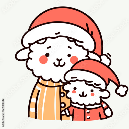 Two cute cartoon lambs wearing Santa. Clipart Vector Illustration Line Art Illustration. Adorable animated sheep in Father Christmas dressup joyful holiday picture.