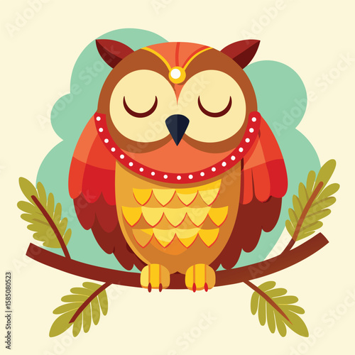 A wise cartoon owl with big eyes perched on a tree branch, a cute nature design