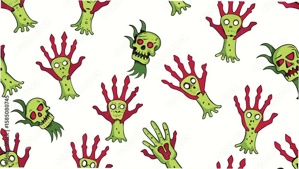 Seamless pattern featuring green zombie hands and skulls on a white background design illustration