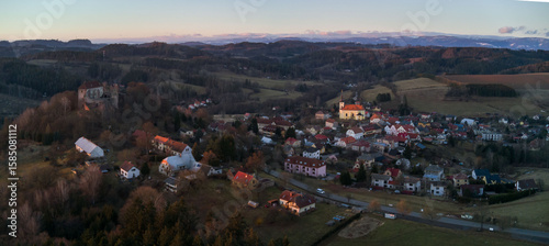 The village of Pecka in the foothills of the Krkonoše Mountains with the iconic Pecka Castle
