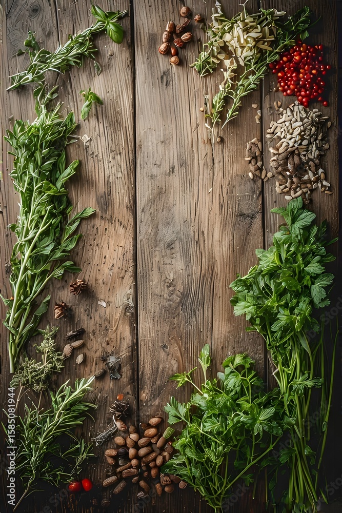 Fototapeta premium ia generated. Composition of fresh herbs, seeds, and spices on rustic wooden board, perfect to illustrate organic cooking or natural culinary design. 