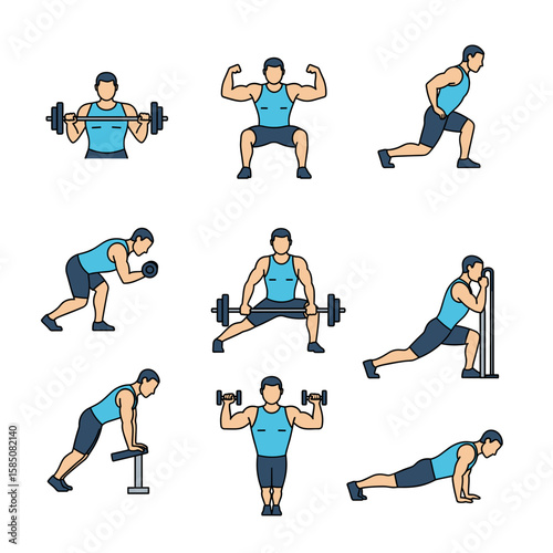 Collection of fitness icons showing a man performing various strength training and bodybuilding exercises for a gym workout.
