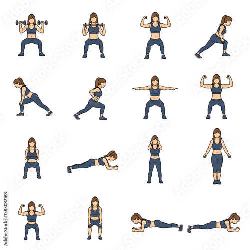 Fitness and workout exercise icon set showing a woman doing strength training and bodyweight routines. A visual guide for a healthy active lifestyle.