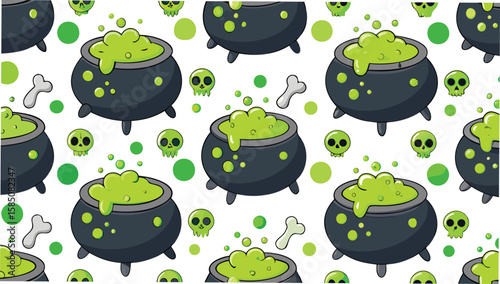 Seamless halloween pattern with cauldrons skulls bones and green dots on a white background design vector