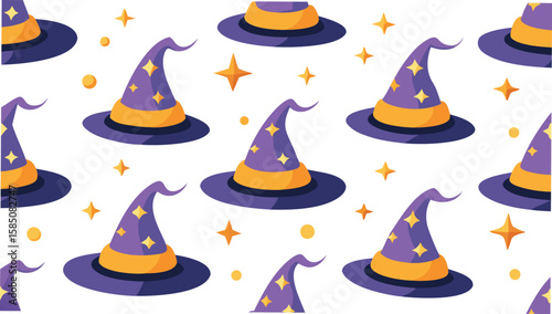 Seamless pattern of purple witch hats with gold stars and bands on a white background design theme