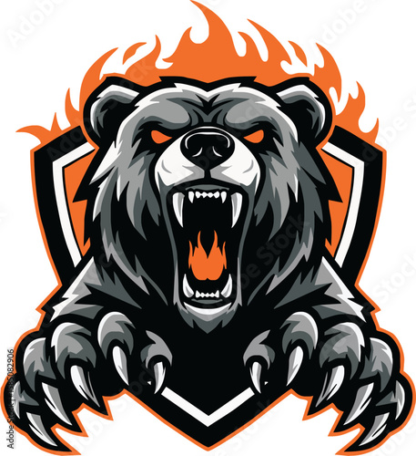 Fierce grizzly bear head with claws, roaring, on a shield, surrounded by flames.