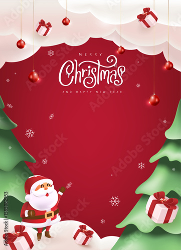 Christmas greeting card banner background with Santa Claus, gift boxes, snow, and Christmas trees on red background with copy space