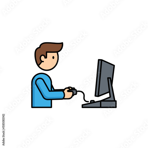 A vibrant illustration capturing the modern leisure of gaming, where an individual finds digital entertainment using personal technology to play on a computer.