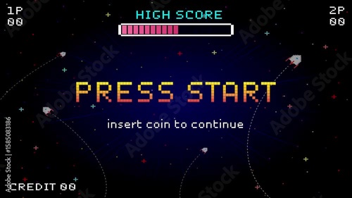 PRESS START. insert coin to continue. pixel art. 8 bit game. retro game. for game assets .Retro Futurism Sci-Fi Background. glowing neon grid. and stars from vintage arcade computer games