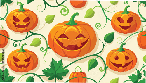 Seamless halloween pattern with pumpkins and vines in a festive autumnal arrangement design style