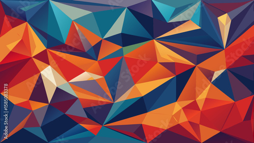 Vector art of a vibrant abstract geometric pattern composed of sharp, colorful triangles creates a dynamic and modern background