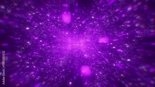 4K Purple Particle Explosion Abstract Light Burst with Bokeh Effect Animation Video. Glowing energy particles on dark background.
