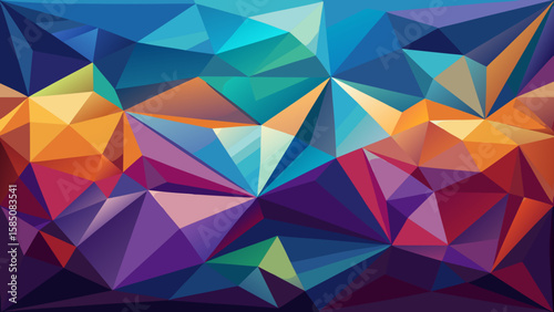 Vector art of an abstract geometric background featuring a vibrant mosaic of colorful polygons in blue, purple, orange, and pink hues