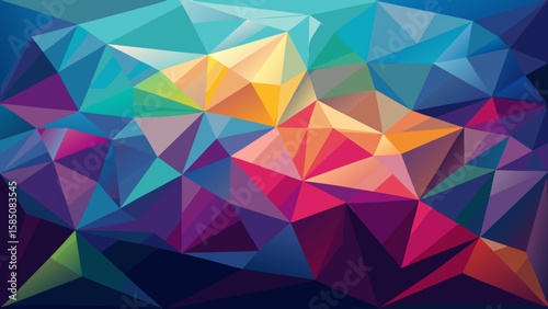 Vector art of a stunning abstract background with a low poly design, showcasing a vibrant spectrum of colors from blue to yellow