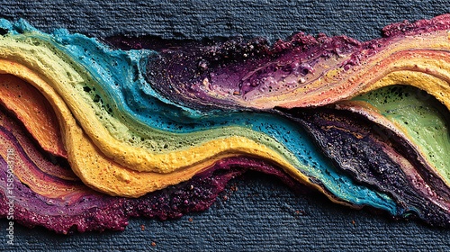 Abstract acrylic paint pour creating flowing lines and wave patterns in vivid colors over a textured black canvas