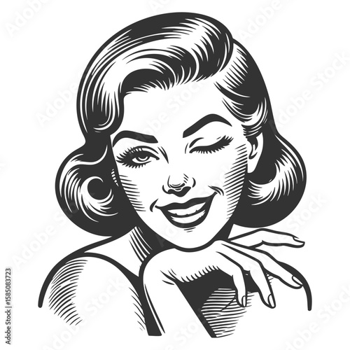 smiling pin-up style woman with classic hairstyle, winking and posing with a playful expression sketch engraving generative ai fictional character vector. Scratch board. Black and white image.