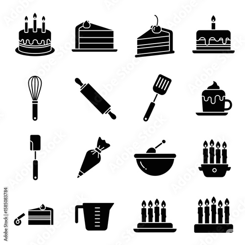 Delightful Cake Elements Celebrate Bakery with Cooking Icons featuring Cake, Spatula, and Ingredients