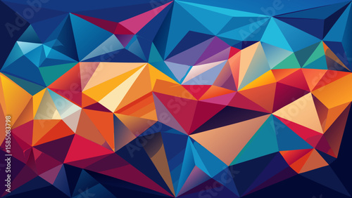 Vector art of a dynamic abstract geometric pattern showcasing low poly elements in a bold and bright color combination