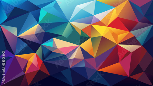 Vector art of an intricate abstract geometric design with a rich palette of colorful polygonal facets and triangles