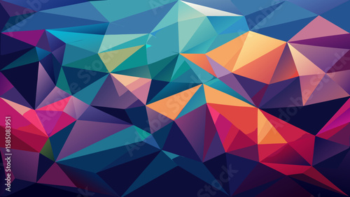 Vector art of an eyecatching abstract geometric artwork featuring a blend of vibrant polygonal forms and triangles