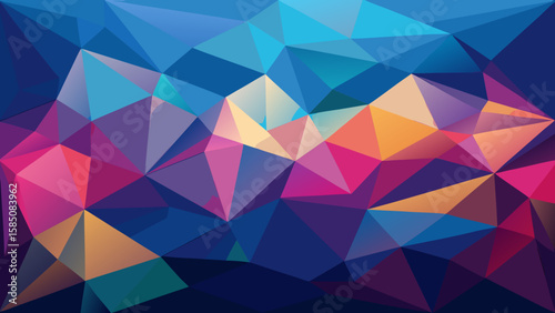 Vector art of a vibrant abstract geometric low poly pattern with a colorful gradient of blue, pink, purple, orange, and yellow triangles