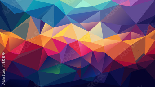 Vector art of a striking abstract geometric low poly composition with a gradient of blue, teal, purple, pink, orange, and yellow