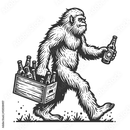 happy yeti wearing a winter hat, walking while holding wooden crates filled with beer bottles sketch engraving generative ai vector illustration. Scratch board. Black and white image.
