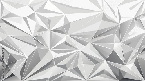 Vector art of sharp, white and gray geometric polygons create a dynamic, faceted abstract background with a sophisticated lowpoly design