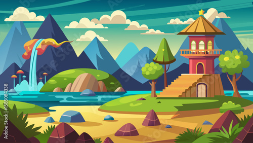 Vector art of a vibrant fantasy landscape illustration featuring a cascading waterfall, a traditional asian pagoda, and majestic mountains under a colorful sky